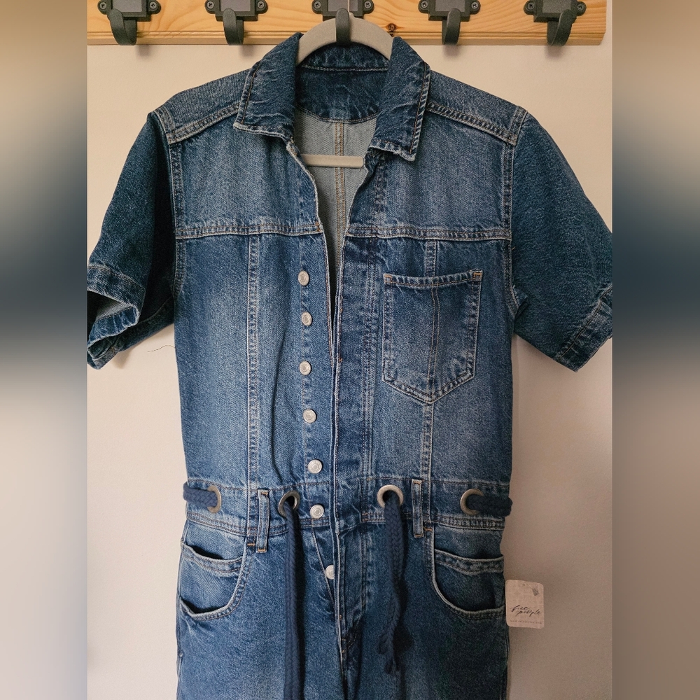 FREE PEOPLE EDISON WIDE LEG COVERALL OVERALL BLUE JEANS SIZE XS‎ - Picture 4 of 11